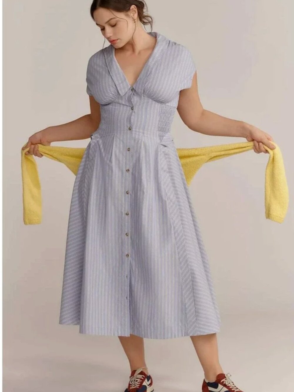 Anthropologie Blue Pinstripe Smocked Waist Midi Dress 2X Plus NWT